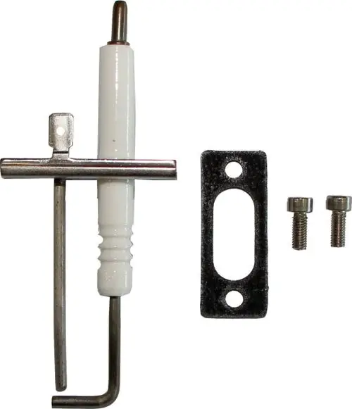 Zünd- und Ionisationselektrode von Wolf, bestehend aus einem metallischen Stift mit Kunststoffgriff, Montageschablone und zwei Schrauben, zur Verwendung in Heizgeräten.